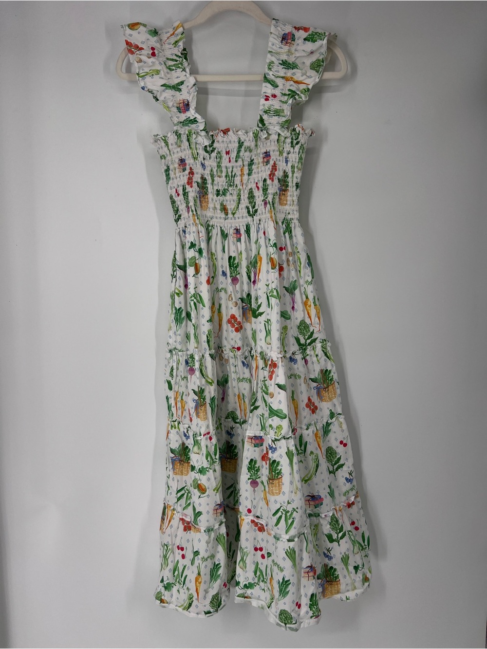 Hill House White Colorful Floral Vegetable Garden Smocked Ruffle Midi Sundress M - Picture 12 of 12